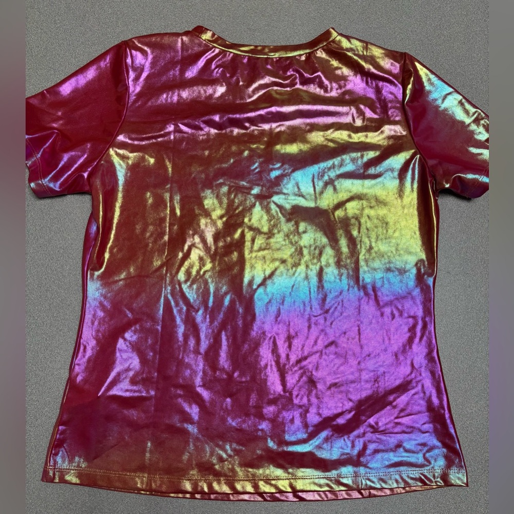 Allegra K Women's Metallic Shiny Multicolor Short Sleeve Top Size Medium - Picture 2 of 7